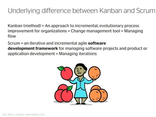 Kanban (method) = An approach to incremental, evolutionary process improvement for organizations = Change management tool = Managing flow 
Scrum = an iterative and incremental agile software development framework for managing software projects and product or application development = Managing iterations 
Underlying difference between Kanban and Scrum 
Jens Wilke, LangFox, www.langfox.com  