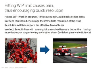 Hitting WIP (Work in progress) limit causes pain, as it blocks others tasks 
In effect, this should encourage the immediate resolution of the issue 
Resolution will then restore the effective flow of tasks 
In effect: Smooth flow with some quickly resolved issues is better than having more issues per stage slowing each other down (with less pain and efficiency) 
Hitting WIP limit causes pain, thus encouraging quick resolution 
Jens Wilke, LangFox, www.langfox.com  