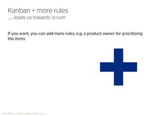 If you want, you can add more rules, e.g. a product owner for prioritizing the items 
Kanban + more rules … leads us towards scrum 
Jens Wilke, LangFox, www.langfox.com  