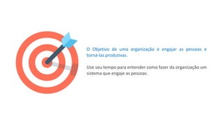 O Objetivo de uma organização é engajar as pessoas e
torná-las produtivas.
Use seu tempo para entender como fazer da organização um
sistema que engaje as pessoas
 