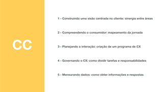 1 - Construindo uma visão centrada no cliente: sinergia entre áreas
2 - Compreendendo o consumidor: mapeamento da jornada
3 - Planejando a interação: criação de um programa de CX
4 - Governando o CX: como dividir tarefas e responsabilidades
5 - Mensurando dados: como obter informações e respostas
CC
 