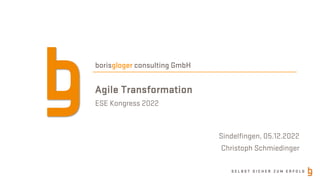 S E L B S T S I C H E R Z U M E R F O L G
borisgloger consulting GmbH
Agile Transformation
ESE Kongress 2022
Sindelfingen, 05.12.2022
Christoph Schmiedinger
 