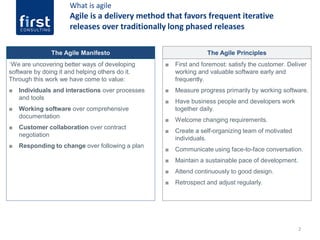 2
What is agile
Agile is a delivery method that favors frequent iterative
releases over traditionally long phased releases
■ First and foremost: satisfy the customer. Deliver
working and valuable software early and
frequently.
■ Measure progress primarily by working software.
■ Have business people and developers work
together daily.
■ Welcome changing requirements.
■ Create a self-organizing team of motivated
individuals.
■ Communicate using face-to-face conversation.
■ Maintain a sustainable pace of development.
■ Attend continuously to good design.
■ Retrospect and adjust regularly.
“We are uncovering better ways of developing
software by doing it and helping others do it.
Through this work we have come to value:
■ Individuals and interactions over processes
and tools
■ Working software over comprehensive
documentation
■ Customer collaboration over contract
negotiation
■ Responding to change over following a plan
The Agile Manifesto The Agile Principles
 