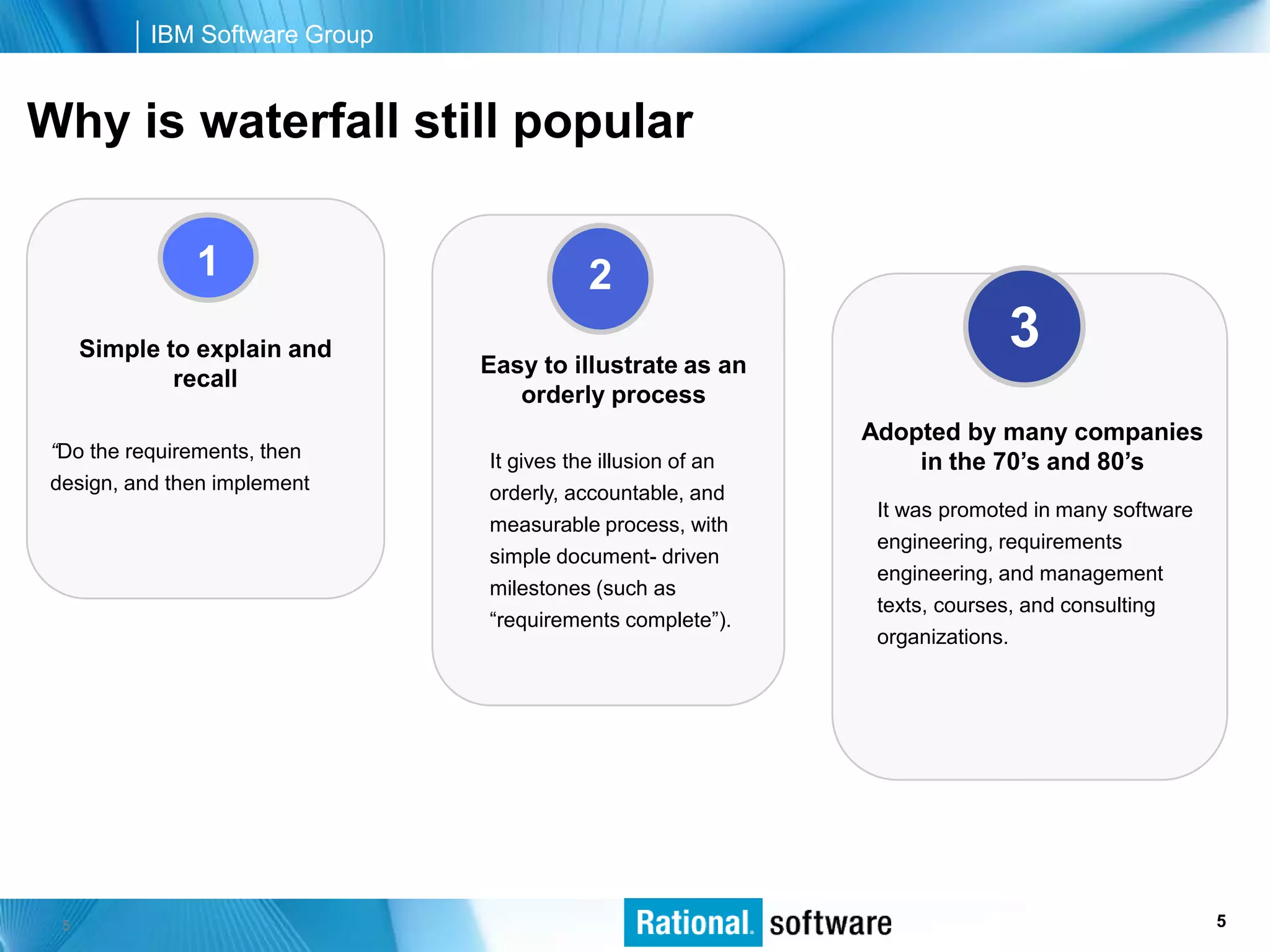 IBM Software Group


Why is waterfall still popular

               1                           2
      Simple to explain and
                                Easy to illustrate as an
                                                                            3
              recall
                                   orderly process
                                                              Adopted by many companies
 “Do the requirements, then     It gives the illusion of an       in the 70’s and 80’s
 design, and then implement     orderly, accountable, and
                                                               It was promoted in many software
                                measurable process, with
                                                               engineering, requirements
                                simple document- driven
                                                               engineering, and management
                                milestones (such as
                                                               texts, courses, and consulting
                                “requirements complete”).
                                                               organizations.




  5                                                                              © 2006 IBM Corporation
                                                                                                    5
 