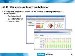 IBM Software Group


Habit3: Use measure to govern behavior
 Identify and Implement (small set of) Metrics to steer performance
  improvement
    – Business Level
    – Operational Level
    – Control Level




                                                                   © 2006 IBM Corporation
                                                                                    23
 