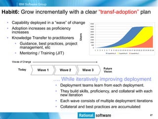 IBM Software Group

Habit6: Grow incrementally with a clear “transf-adoption” plan
  • Capability deployed in a “wave” of change      4500
                                                   4000
  • Adoption increases as proficiency              3500

    increases                                      3000




                                           Users
                                                   2500

  • Knowledge Transfer to practitioners            2000
                                                   1500

      • Guidance, best practices, project          1000
                                                    500
         management, etc                              0
                                                          1 2 3 4 5 6 7 8 9 10 11 12 13 14 15 16 17 18 19 20 21 22 23 24 25 26

      • Mentoring / Training (JIT)                                      Capability A   Capability B   Capability C




                             …. While iteratively improving deployment
                             • Deployment teams learn from each deployment.
                             • They build skills, proficiency, and collateral with each
                               new iteration
                             • Each wave consists of multiple deployment iterations
                             • Collateral and best practices are accumulated
                                                                                                      © 2006 IBM Corporation
                                                                                                                       27
 
