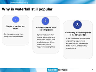 IBM Software Group


Why is waterfall still popular

               1                           2
      Simple to explain and
                                Easy to illustrate as an
                                                                            3
              recall
                                   orderly process
                                                              Adopted by many companies
 “Do the requirements, then     It gives the illusion of an       in the 70’s and 80’s
 design, and then implement     orderly, accountable, and
                                                               It was promoted in many software
                                measurable process, with
                                                               engineering, requirements
                                simple document- driven
                                                               engineering, and management
                                milestones (such as
                                                               texts, courses, and consulting
                                “requirements complete”).
                                                               organizations.




  5                                                                              © 2006 IBM Corporation
                                                                                                    5
 