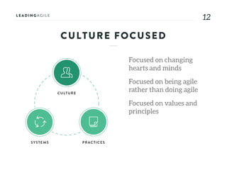 1212
CULTURE FOCUSED
Focused on changing
hearts and minds
Focused on being agile
rather than doing agile
Focused on values and
principles
 