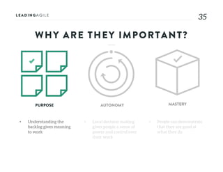 3535
WHY ARE THEY IMPORTANT?
• Understanding the
backlog gives meaning
to work
PURPOSE AUTONOMY MASTERY
• Local decision making
gives people a sense of
power and control over
their work
• People can demonstrate
that they are good at
what they do
 
