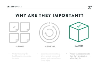 3737
WHY ARE THEY IMPORTANT?
• Understanding the
backlog gives meaning
to work
PURPOSE AUTONOMY MASTERY
• Local decision making
gives people a sense of
power and control over
their work
• People can demonstrate
that they are good at
what they do
 