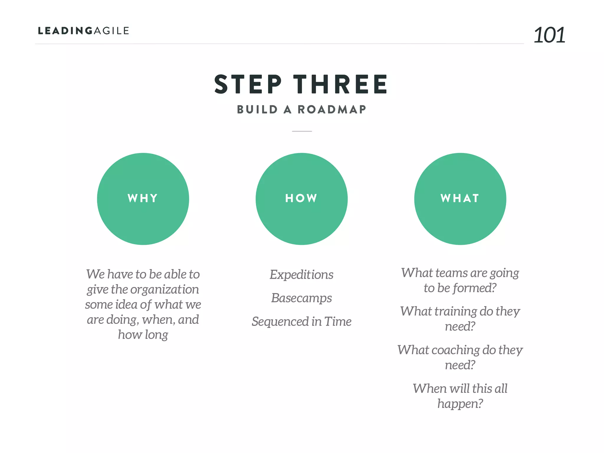 101
STEP THREE
WHY HOW WHAT
We have to be able to
give the organization
some idea of what we
are doing, when, and
how long
Expeditions
Basecamps
Sequenced in Time
What teams are going
to be formed?
What training do they
need?
What coaching do they
need?
When will this all
happen?
 