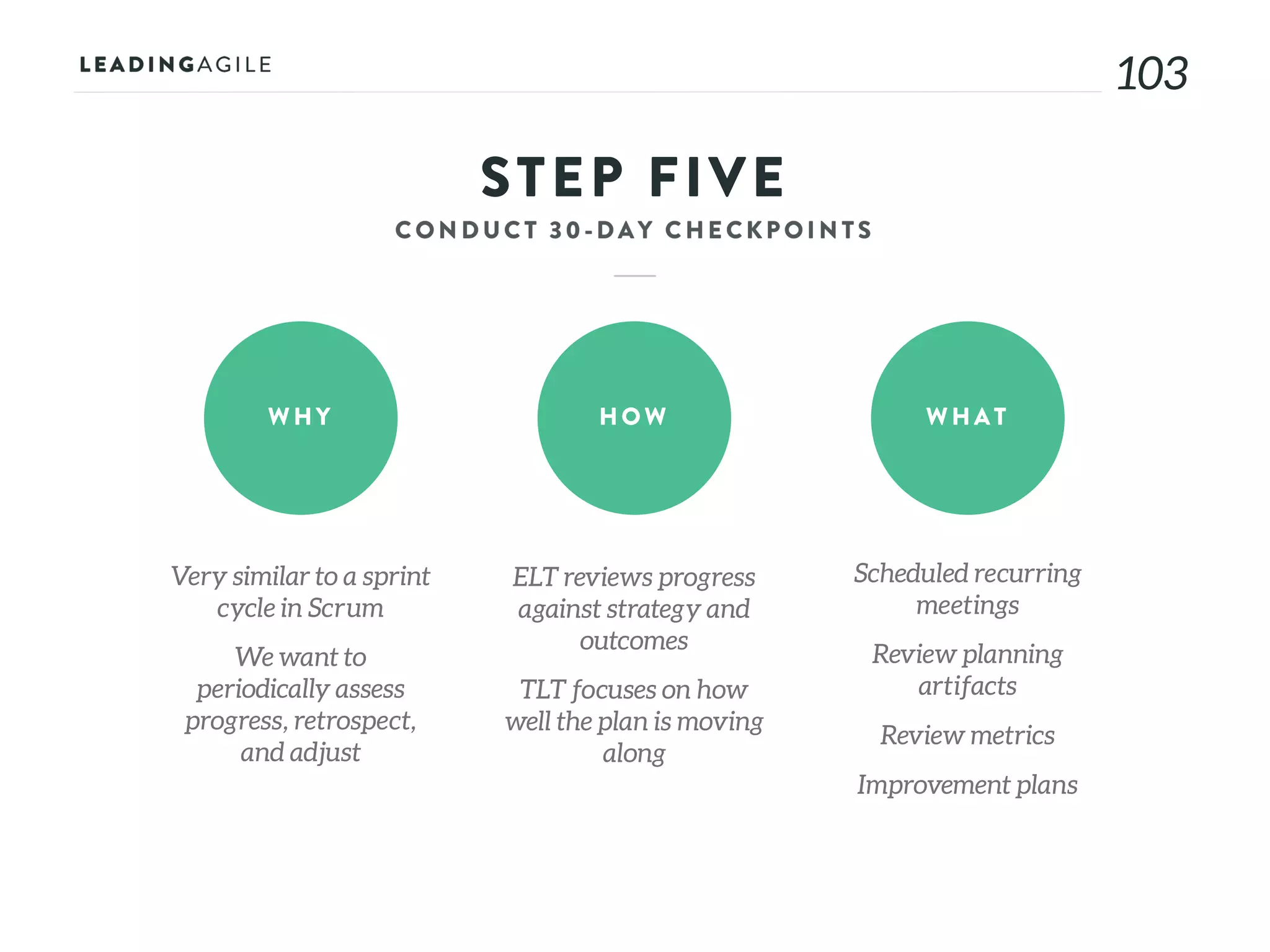 103
STEP FIVE
WHY HOW WHAT
Very similar to a sprint
cycle in Scrum
We want to
periodically assess
progress, retrospect,
and adjust
ELT reviews progress
against strategy and
outcomes
TLT focuses on how
well the plan is moving
along
Scheduled recurring
meetings
Review planning
artifacts
Review metrics
Improvement plans
 
