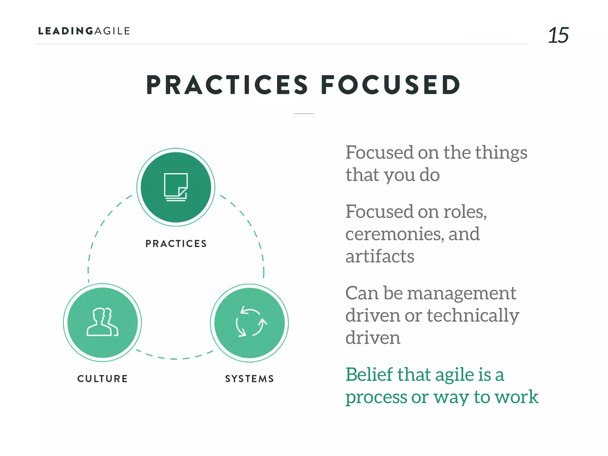1515
PRACTICES FOCUSED
Focused on the things
that you do
Focused on roles,
ceremonies, and
artifacts
Can be management
driven or technically
driven
Belief that agile is a
process or way to work
 