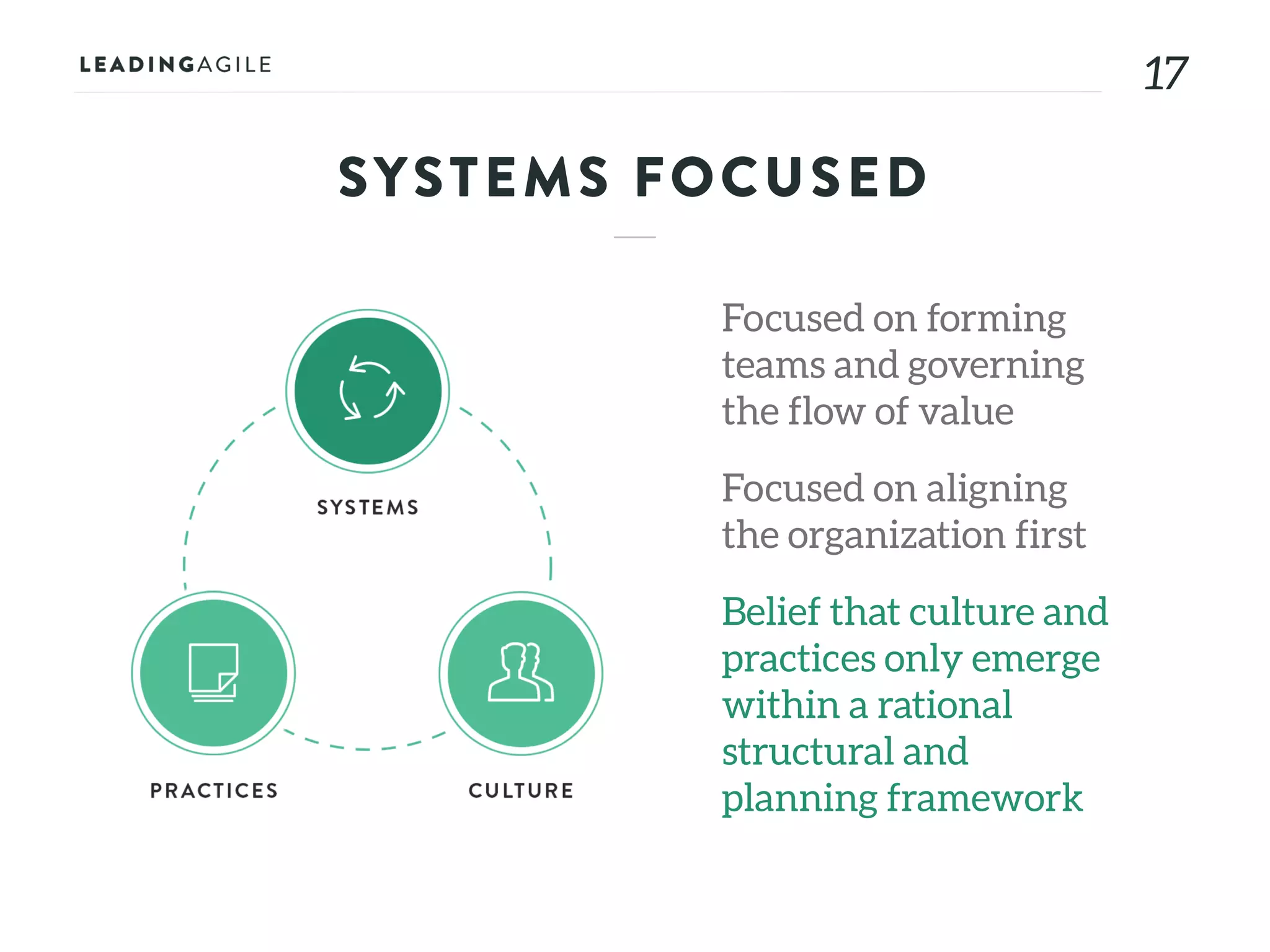 1717
SYSTEMS FOCUSED
Focused on forming
teams and governing
the flow of value
Focused on aligning
the organization first
Belief that culture and
practices only emerge
within a rational
structural and
planning framework
 