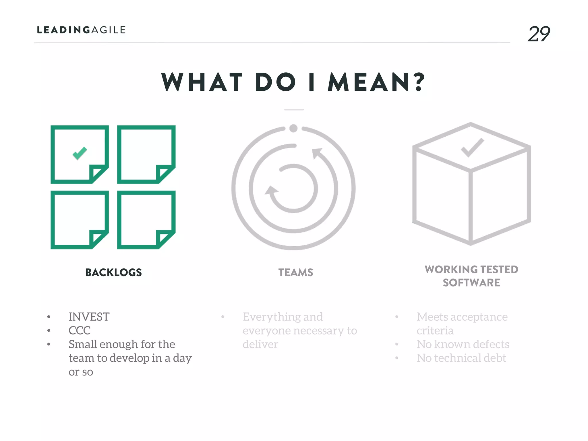 2929
WHAT DO I MEAN?
• INVEST
• CCC
• Small enough for the
team to develop in a day
or so
BACKLOGS TEAMS WORKING TESTED
SOFTWARE
• Everything and
everyone necessary to
deliver
• Meets acceptance
criteria
• No known defects
• No technical debt
 