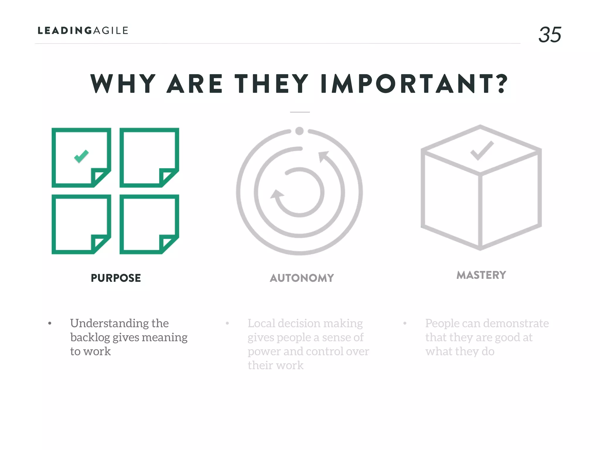 3535
WHY ARE THEY IMPORTANT?
• Understanding the
backlog gives meaning
to work
PURPOSE AUTONOMY MASTERY
• Local decision making
gives people a sense of
power and control over
their work
• People can demonstrate
that they are good at
what they do
 