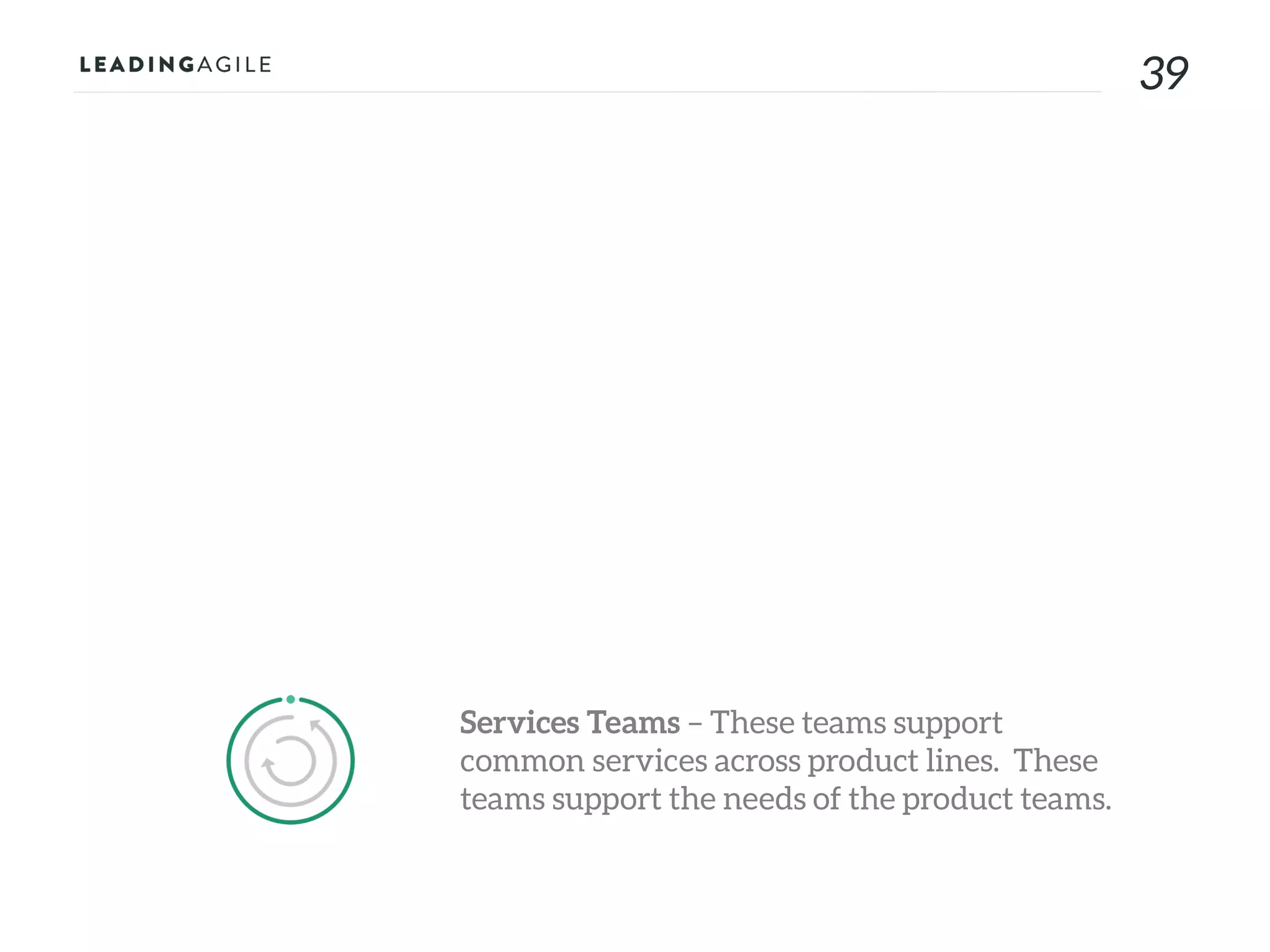 3939
Services Teams – These teams support
common services across product lines. These
teams support the needs of the product teams.
 