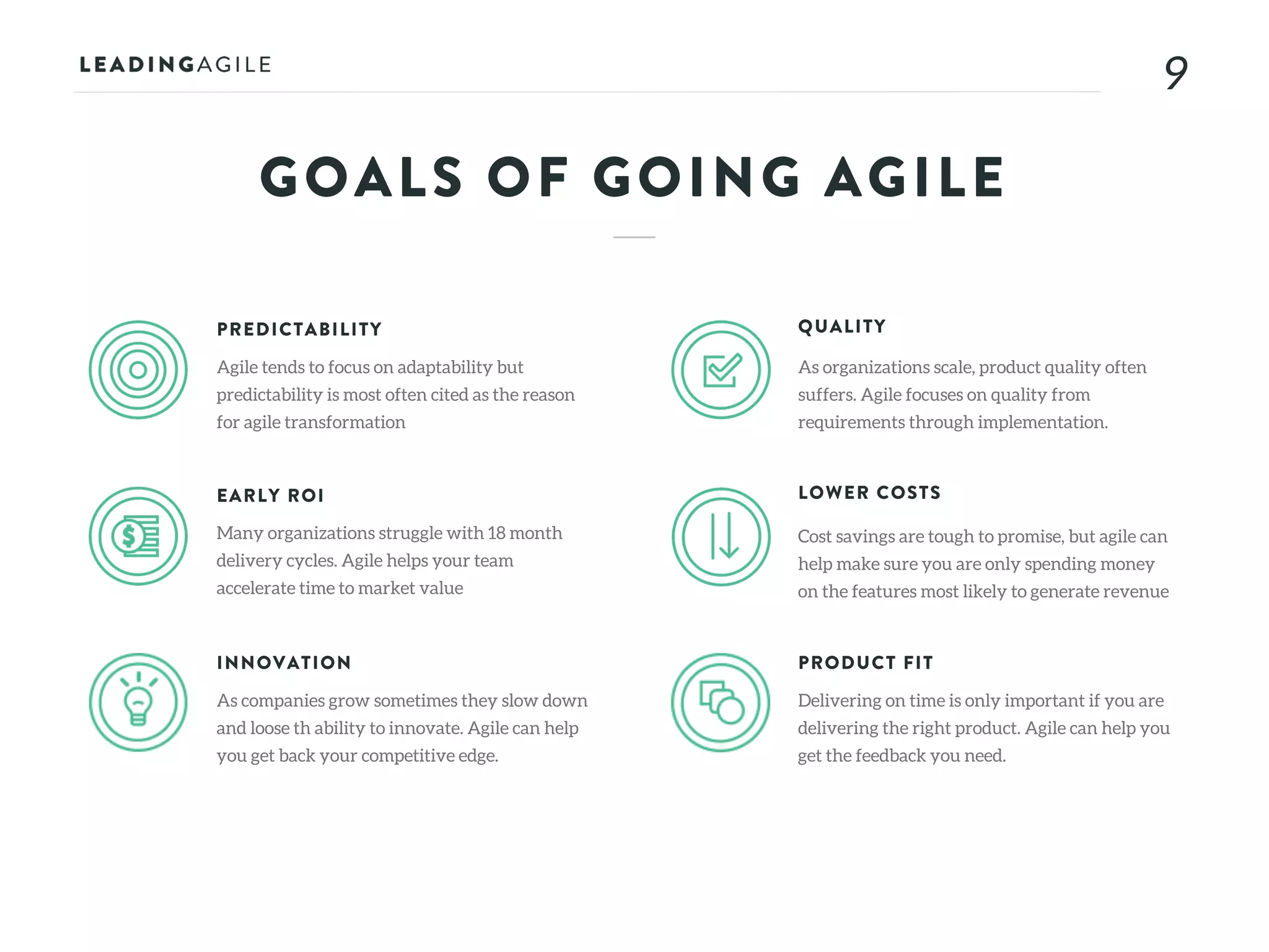 99
GOALS OF GOING AGILE
PREDICTABILITY
Agile tends to focus on adaptability but
predictability is most often cited as the reason
for agile transformation
EARLY ROI
Many organizations struggle with 18 month
delivery cycles. Agile helps your team
accelerate time to market value
INNOVATION
As companies grow sometimes they slow down
and loose th ability to innovate. Agile can help
you get back your competitive edge.
QUALITY
As organizations scale, product quality often
suffers. Agile focuses on quality from
requirements through implementation.
LOWER COSTS
Cost savings are tough to promise, but agile can
help make sure you are only spending money
on the features most likely to generate revenue
PRODUCT FIT
Delivering on time is only important if you are
delivering the right product. Agile can help you
get the feedback you need.
 