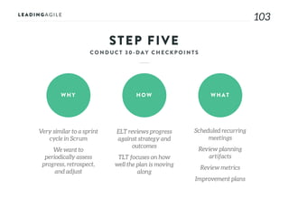103
STEP FIVE
WHY HOW WHAT
Very similar to a sprint
cycle in Scrum
We want to
periodically assess
progress, retrospect,
and adjust
ELT reviews progress
against strategy and
outcomes
TLT focuses on how
well the plan is moving
along
Scheduled recurring
meetings
Review planning
artifacts
Review metrics
Improvement plans
 