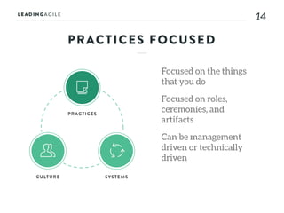 1414
PRACTICES FOCUSED
Focused on the things
that you do
Focused on roles,
ceremonies, and
artifacts
Can be management
driven or technically
driven
 