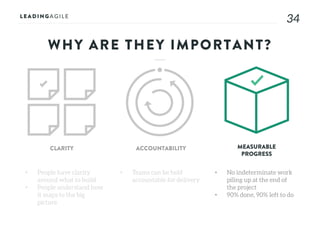 3434
WHY ARE THEY IMPORTANT?
• People have clarity
around what to build
• People understand how
it maps to the big
picture
CLARITY ACCOUNTABILITY MEASURABLE
PROGRESS
• Teams can be held
accountable for delivery
• No indeterminate work
piling up at the end of
the project
• 90% done, 90% left to do
 