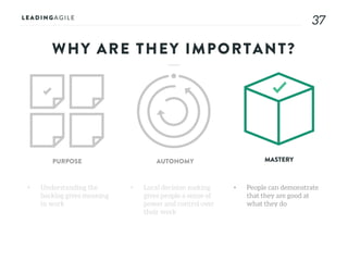 3737
WHY ARE THEY IMPORTANT?
• Understanding the
backlog gives meaning
to work
PURPOSE AUTONOMY MASTERY
• Local decision making
gives people a sense of
power and control over
their work
• People can demonstrate
that they are good at
what they do
 