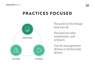1818
PRACTICES FOCUSED
Focused on the things
that you do
Focused on roles,
ceremonies, and
artifacts
Can be management
driven or technically
driven
 