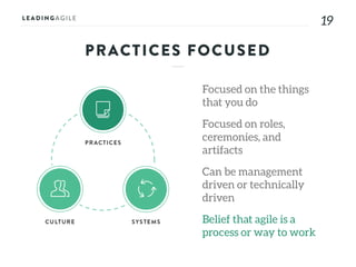 1919
PRACTICES FOCUSED
Focused on the things
that you do
Focused on roles,
ceremonies, and
artifacts
Can be management
driven or technically
driven
Belief that agile is a
process or way to work
 