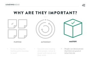 4141
WHY ARE THEY IMPORTANT?
• Understanding the
backlog gives meaning
to work
PURPOSE AUTONOMY MASTERY
• Local decision making
gives people a sense of
power and control over
their work
• People can demonstrate
that they are good at
what they do
 