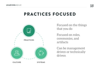 1818
PRACTICES FOCUSED
Focused on the things
that you do
Focused on roles,
ceremonies, and
artifacts
Can be management
dri...