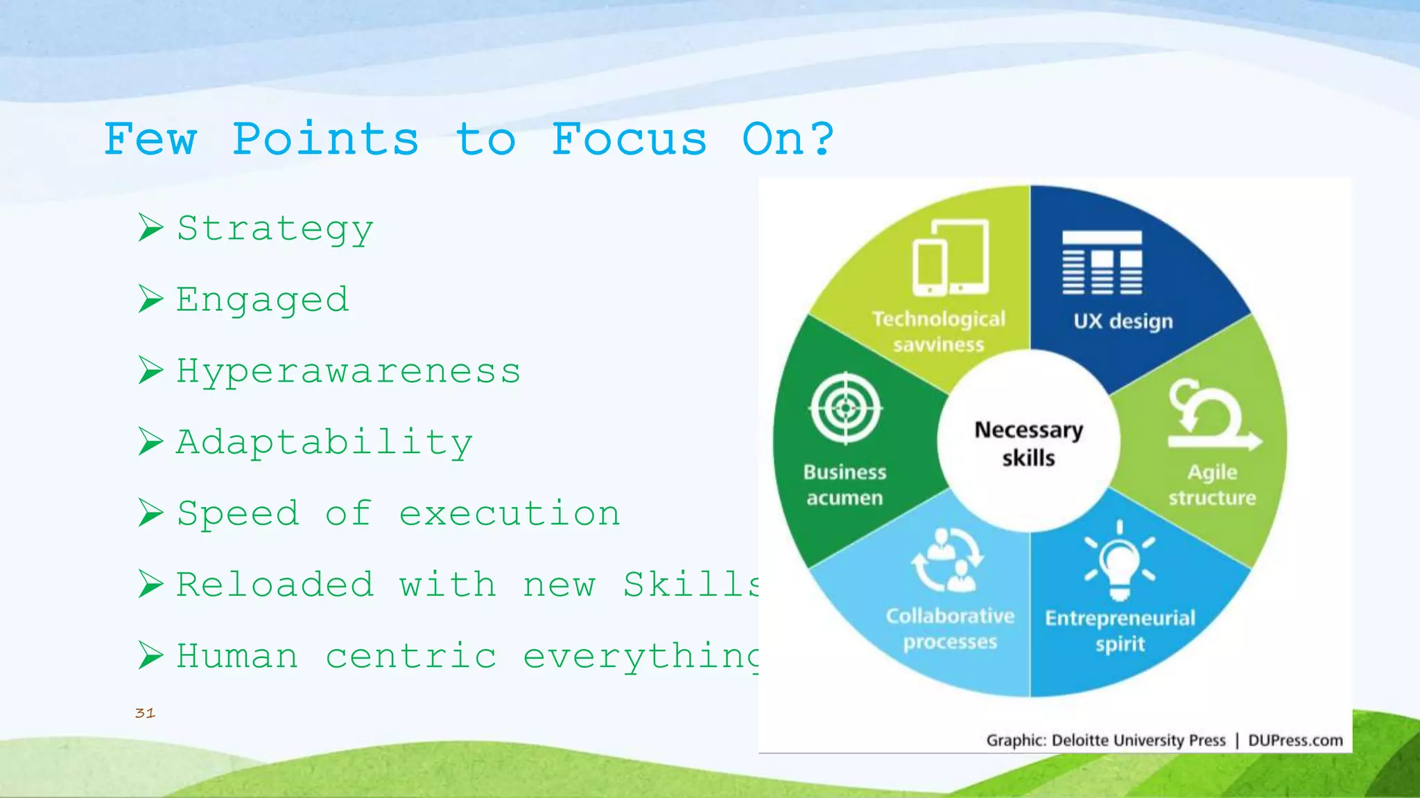Few Points to Focus On?
 Strategy
 Engaged
 Hyperawareness
 Adaptability
 Speed of execution
 Reloaded with new Skills
 Human centric everything
31
 
