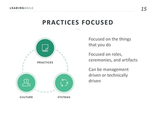 15
PRACTICES FOCUSED
Focused on the things
that you do
Focused on roles,
ceremonies, and artifacts
Can be management
driven or technically
driven
 