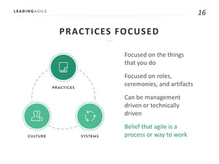 16
PRACTICES FOCUSED
Focused on the things
that you do
Focused on roles,
ceremonies, and artifacts
Can be management
driven or technically
driven
Belief that agile is a
process or way to work
 