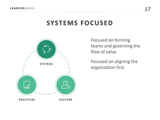 17
SYSTEMS FOCUSED
Focused on forming
teams and governing the
flow of value
Focused on aligning the
organization first
 