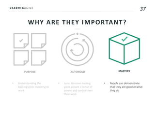 37
WHY ARE THEY IMPORTANT?
• Understanding the
backlog gives meaning to
work
PURPOSE AUTONOMY MASTERY
• Local decision making
gives people a sense of
power and control over
their work
• People can demonstrate
that they are good at what
they do
 