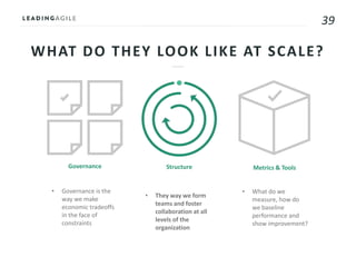 39
WHAT DO THEY LOOK LIKE AT SCALE?
• Governance is the
way we make
economic tradeoffs
in the face of
constraints
• They way we form
teams and foster
collaboration at all
levels of the
organization
• What do we
measure, how do
we baseline
performance and
show improvement?
Metrics & ToolsStructureGovernance
 