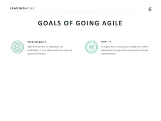 6
GOALS OF GOING AGILE
PREDICTABILITY
Agile tends to focus on adaptability but
predictability is most often cited as the reason for
agile transformation
QUALITY
As organizations scale, product quality often suffers.
Agile focuses on quality from requirements through
implementation.
 