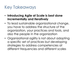 Engagement Approach – Phase 2Skipped the Program Management layer and went straight to Portfolio & StrategyFocusing on Product Definition, Planning & Coordination, and Organizational Enablement CompetenciesBegan addressing Delivery Practices and Continuous Improvement Mostly at the Daily, Iteration, and Release levelsTrained Marketing, Sales, and Senior Leadership