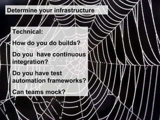 Technical:
How do you do builds?
Do you have continuous
integration?
Do you have test
automation frameworks?
Can teams mock?
Determine your infrastructure
 