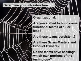 Organizational:
Are you staffed to build cross
functional teams of 10 or
less?
Are those teams persistent?
Are there ScrumMasters and
Product Owners?
Do the teams have backlogs
which own portions of the
technology?
Determine your infrastructure
 