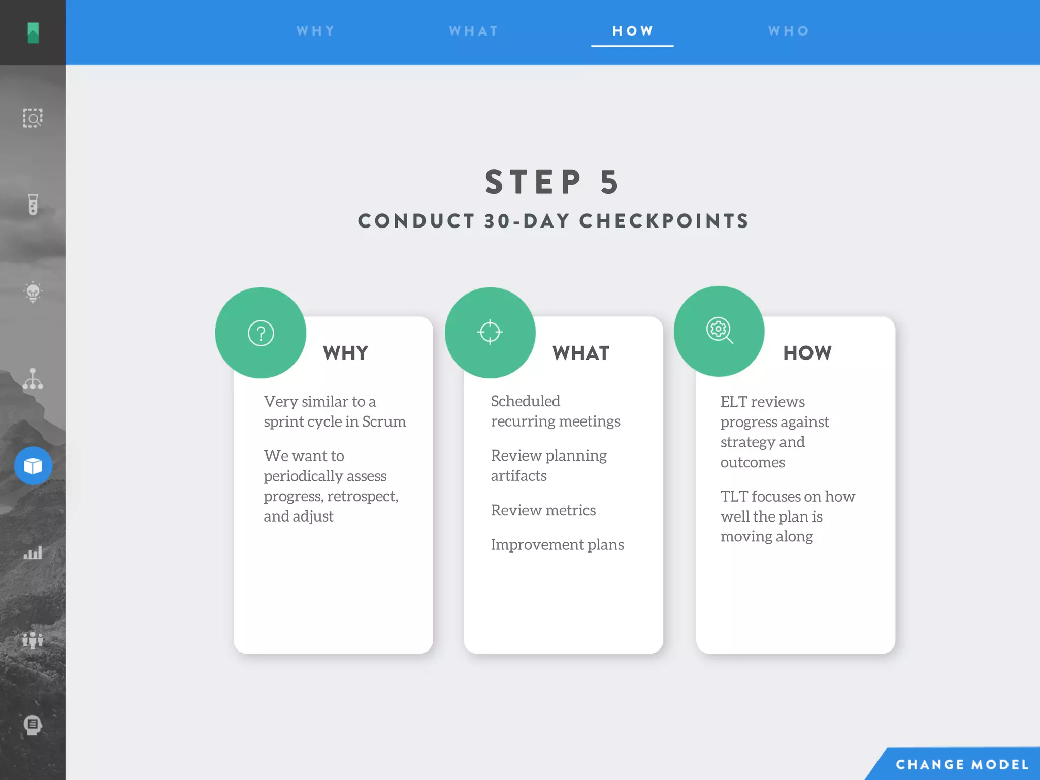 S T E P 5
Very similar to a
sprint cycle in Scrum
We want to
periodically assess
progress, retrospect,
and adjust
Scheduled
recurring meetings
Review planning
artifacts
Review metrics
Improvement plans
WHY WHAT HOW
ELT reviews
progress against
strategy and
outcomes
TLT focuses on how
well the plan is
moving along
 