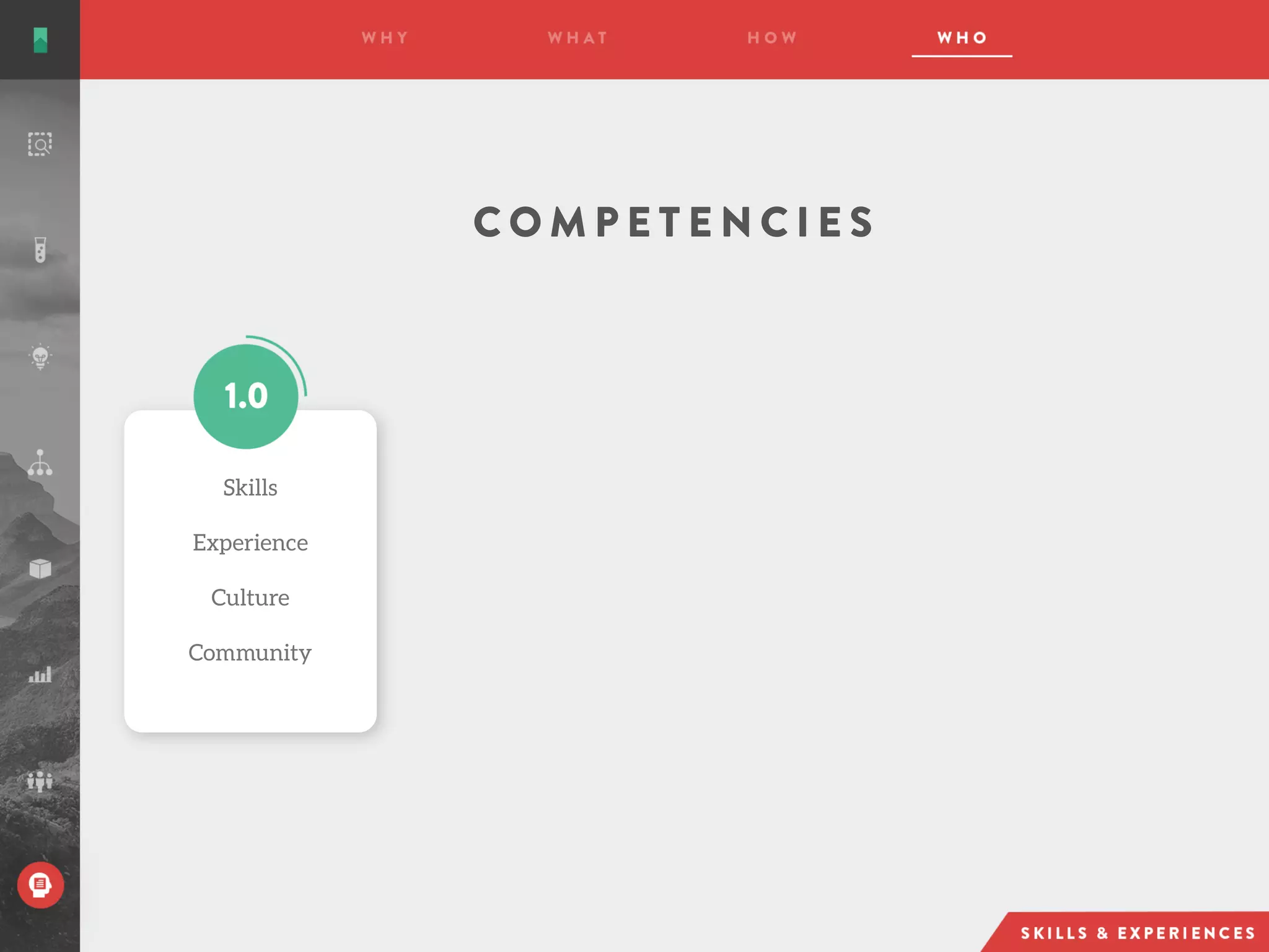 C O M P E T E N C I E S
Skills
Experience
Culture
Community
 