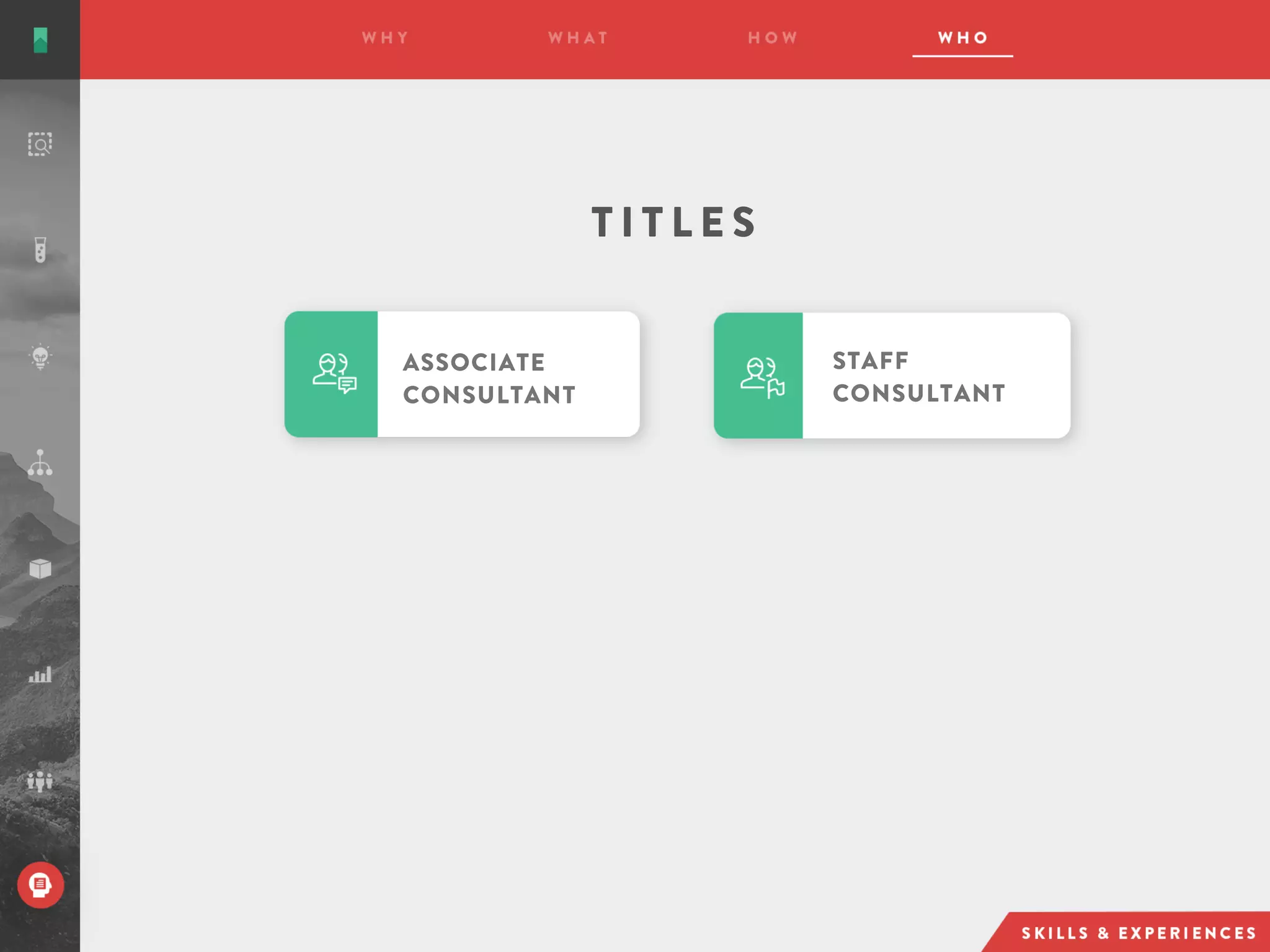 ASSOCIATE
CONSULTANT
STAFF
CONSULTANT
T I T L E S
 