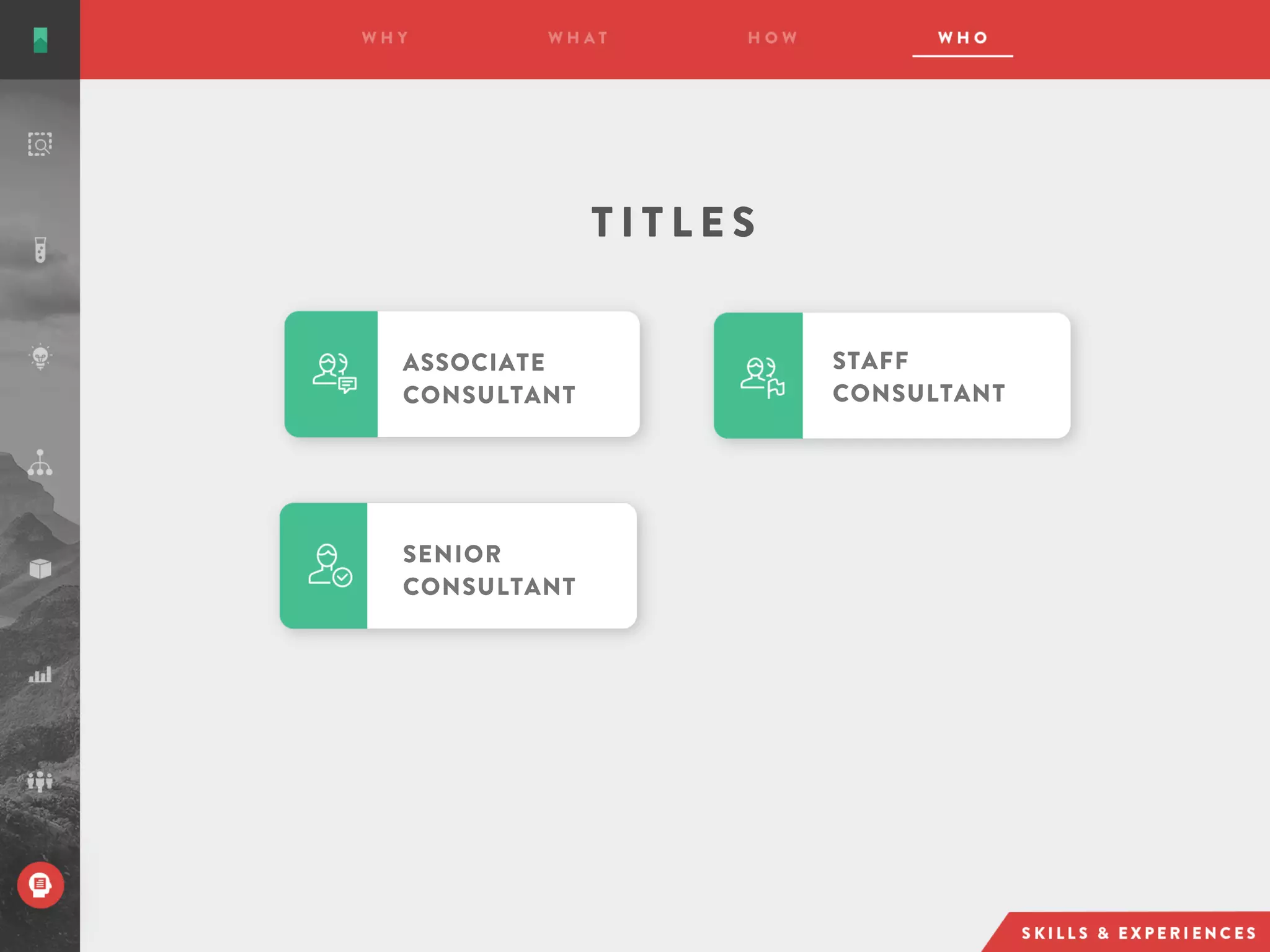 ASSOCIATE
CONSULTANT
STAFF
CONSULTANT
SENIOR
CONSULTANT
T I T L E S
 