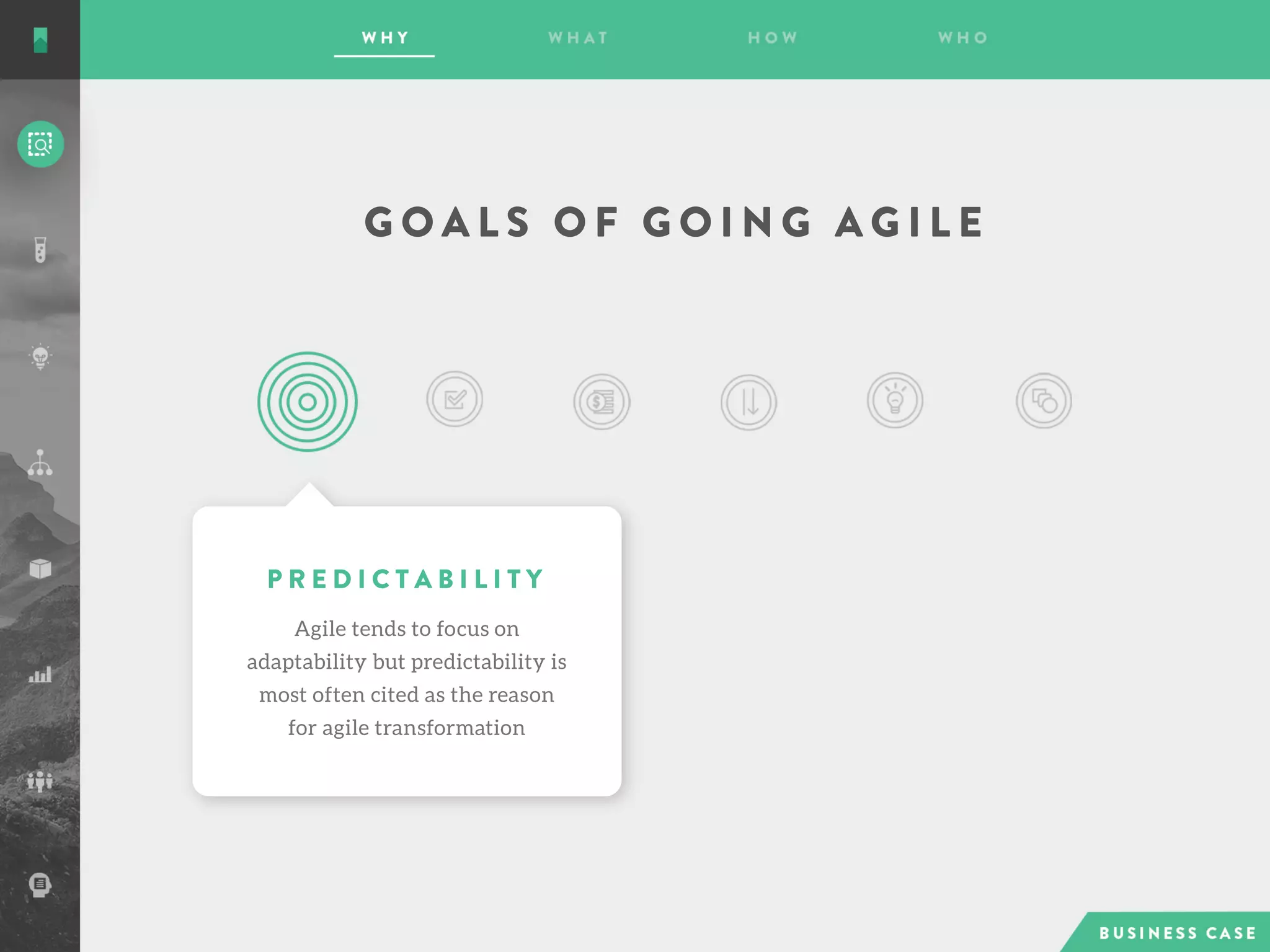 G O A L S O F G O I N G A G I L E
P R E D I C T A B I L I T Y
Agile tends to focus on
adaptability but predictability is
most often cited as the reason
for agile transformation
 
