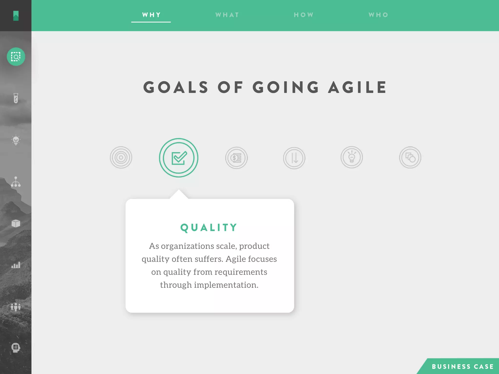 G O A L S O F G O I N G A G I L E
Q U A L I T Y
As organizations scale, product
quality often suffers. Agile focuses
on quality from requirements
through implementation.
 