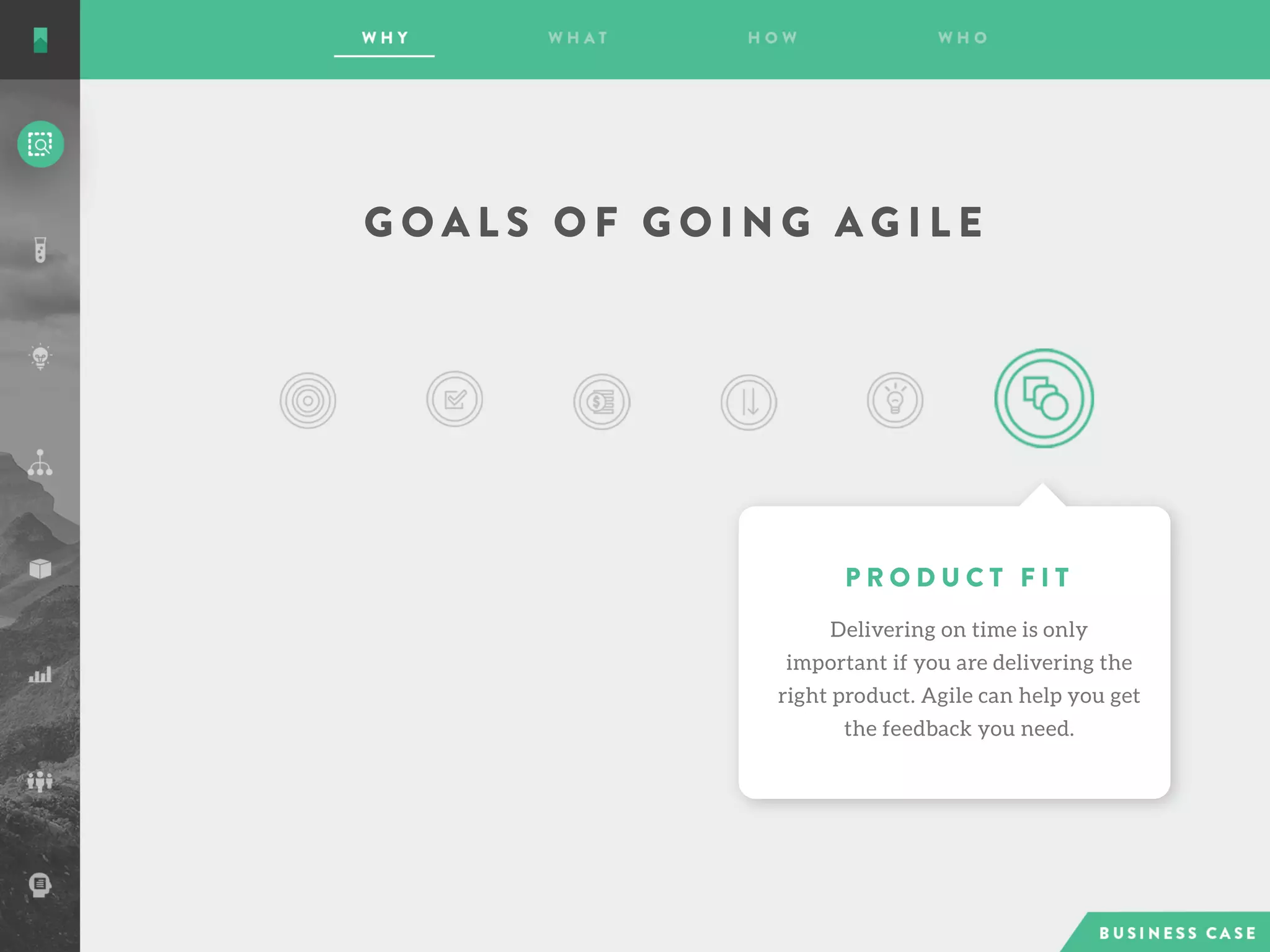 G O A L S O F G O I N G A G I L E
P R O D U C T F I T
Delivering on time is only
important if you are delivering the
right product. Agile can help you get
the feedback you need.
 