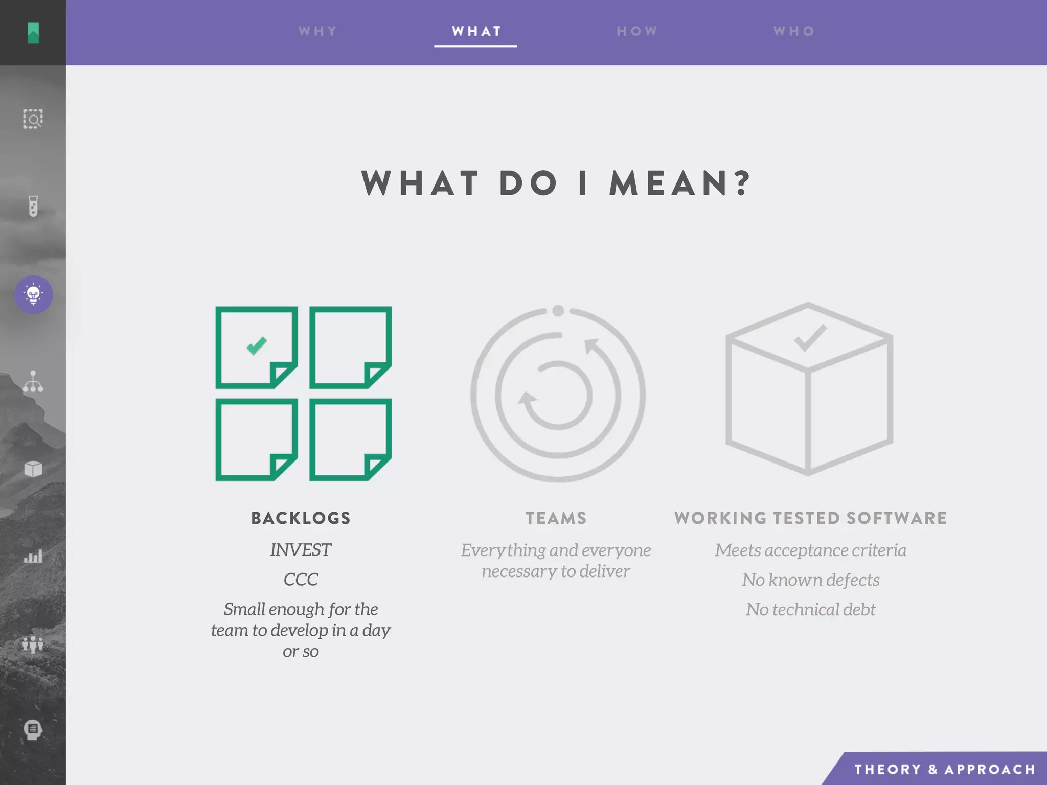 W H A T D O I M E A N ?
INVEST
CCC
Small enough for the
team to develop in a day
or so
BACKLOGS TEAMS WORKING TESTED SOFTWARE
Everything and everyone
necessary to deliver
Meets acceptance criteria
No known defects
No technical debt
 