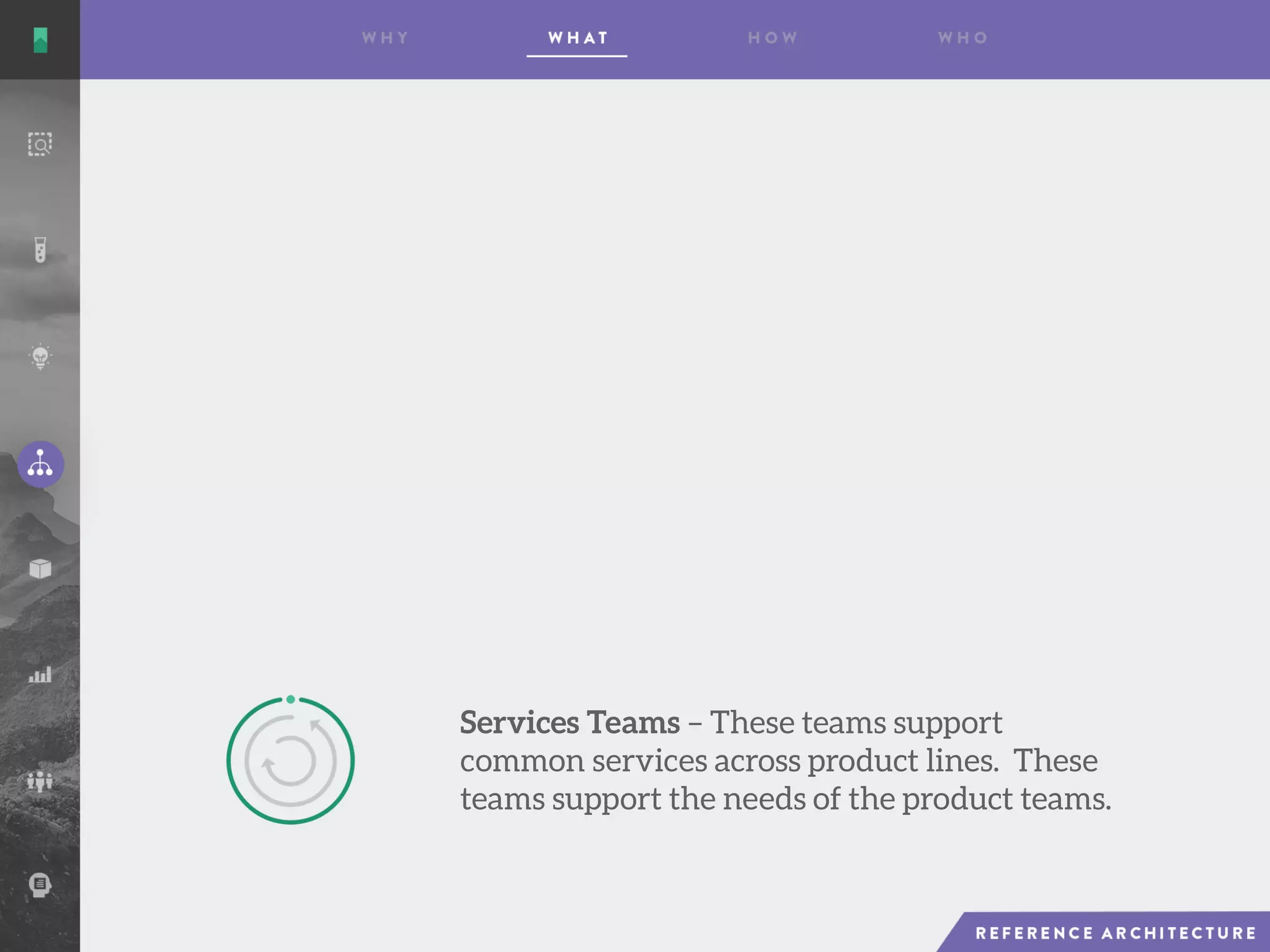 Services Teams – These teams support
common services across product lines. These
teams support the needs of the product teams.
 