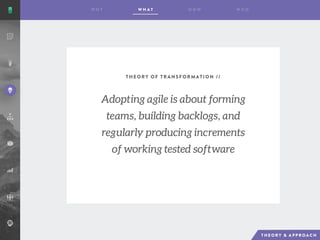 THEORY OF TRANSFORMATION //
Adopting agile is about forming
teams, building backlogs, and
regularly producing increments
of working tested software
 